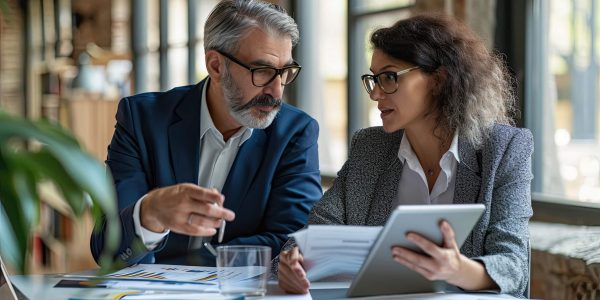 Team of diverse partners mature Latin business man and European business woman discussing project on tablet sitting at table in office. Two colleagues of professional business people working together.